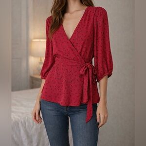 Gap Red Floral Wrap Top Puff Sleeve Cottagecore Romantic Blouse Small
